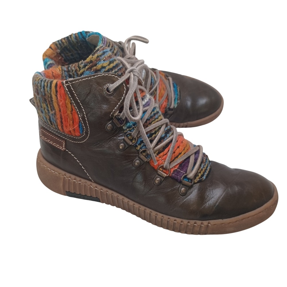 Josef Seibel Brown Leather Multi Color Knit High Top Sneaker Boots Womens 9.5